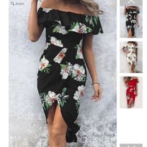 Floral black high low dress- off shoulder